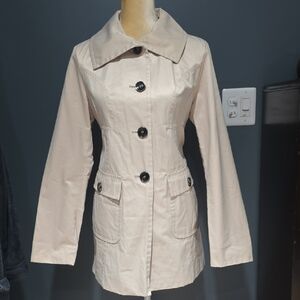 Green With Envy Chic Beige 30" Trench Coat with Black Accents Sz L